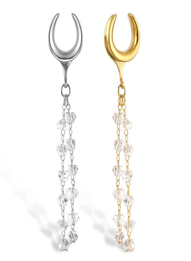 Earblity 1 Pair saddle gauges crystals chain Dangle earrings 9/16'' (14mm) Ear Tunnels Plugs 316 Stainless Steel Silver Ear Weight Plugs Hypoallergenic expander Piercing Body Jewelry - Image 1
